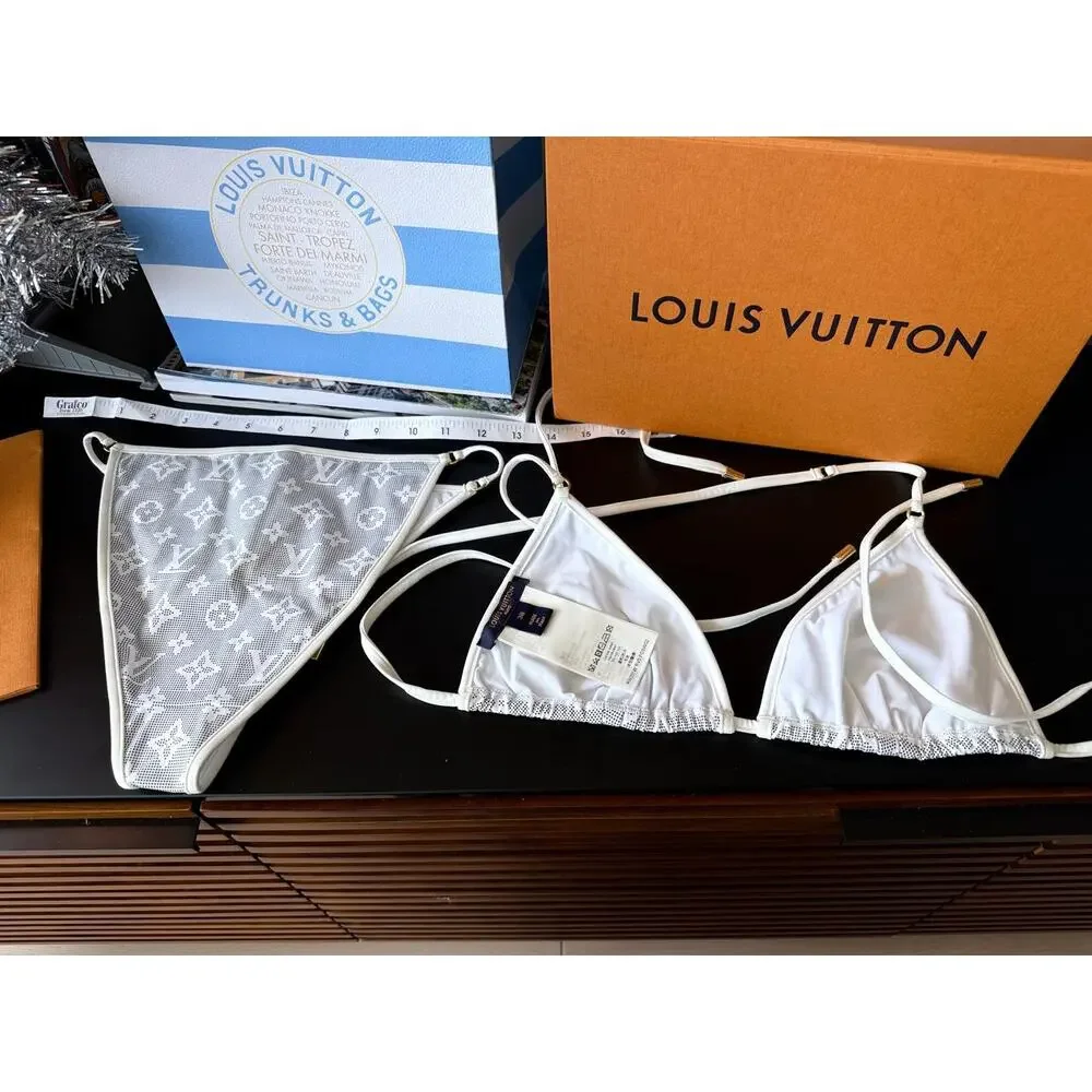 Louis Vuitton Gray White Monogram Triangle Bikini Set Top 38 Bottom 36 Small LTD